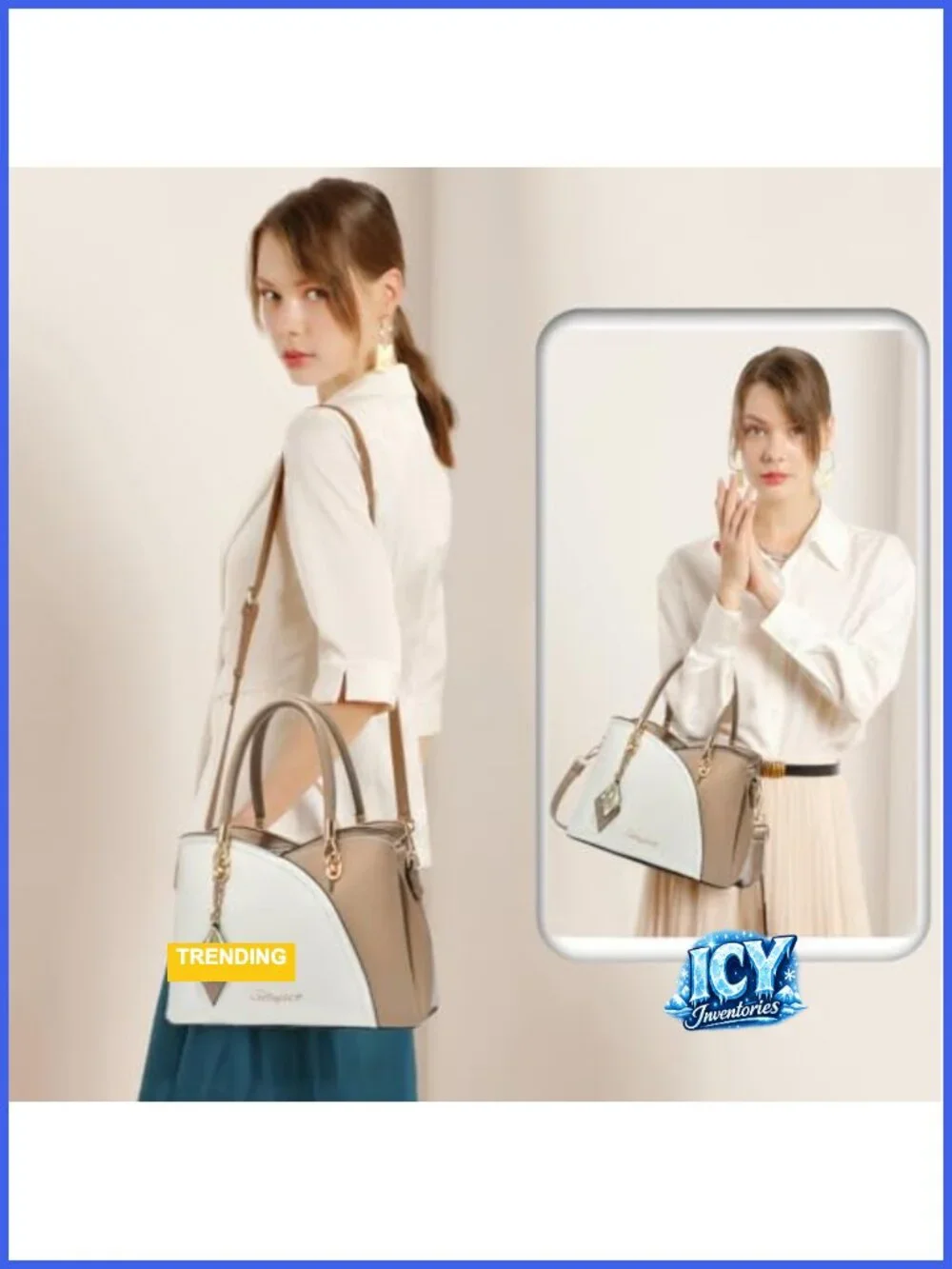Ladies Faux Leather Satchel Tote Bag with Gold Tone Hardware, 6 Pockets,